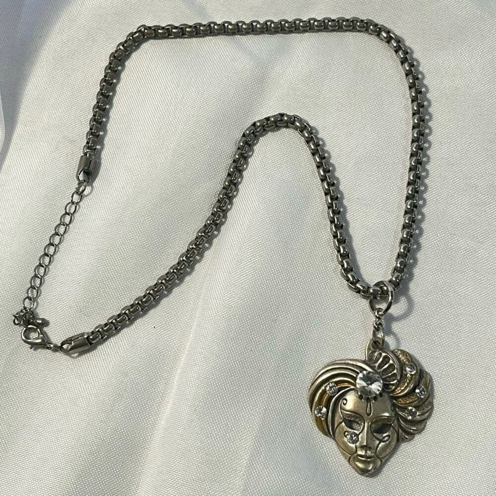 Vintage Mardi Gras Rhinestone Mask Pendant Necklace - Picture 3 of 5